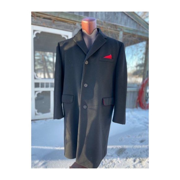 Savile Row Hand Tailored Black Virgin Wool Coat Overcoat Contour Cut Contrast
